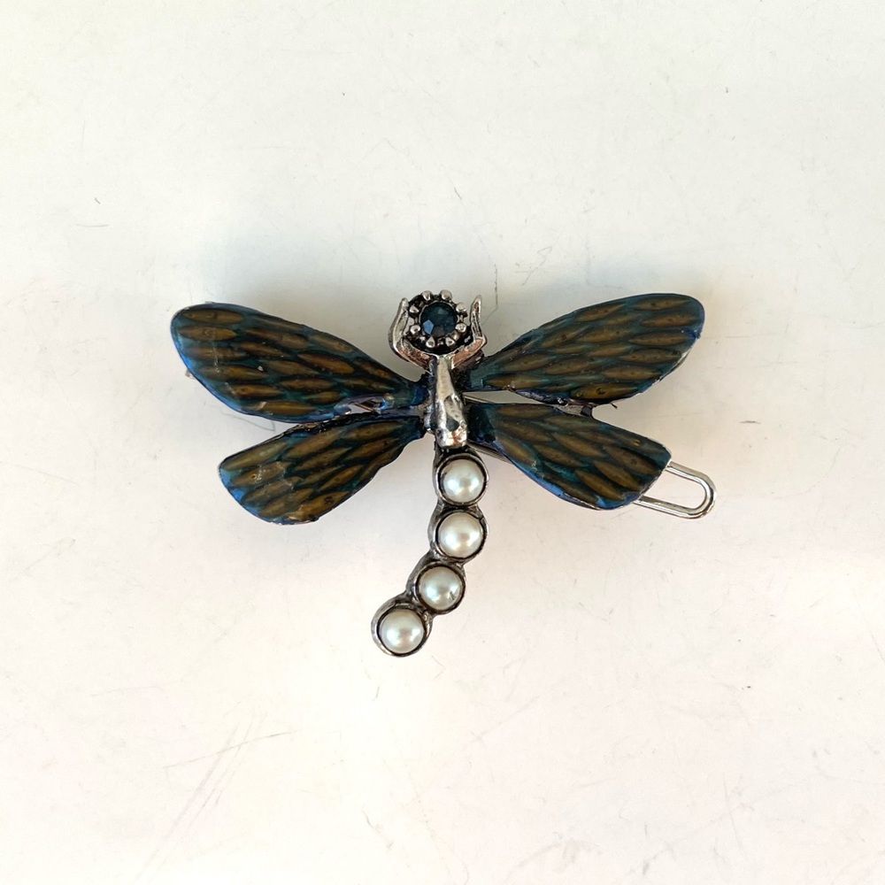 Vintage Gerard Yosca Enamel Dragonfly with Faux Pearls and Faceted Stone Hairpin